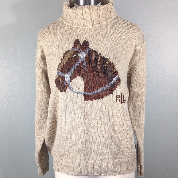 Lauren Ralph Lauren Sweaters - Rare Vintage Ralph Lauren Beige Hand Knit Horse Head Sweater, Sz.M.